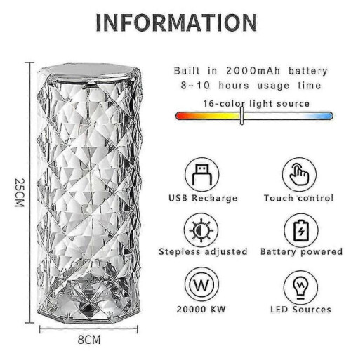 Crystal Diamond Table Lamp, 16 Colors Usb Charging Touch Lamp Bedside Night Light with Remote Control 1