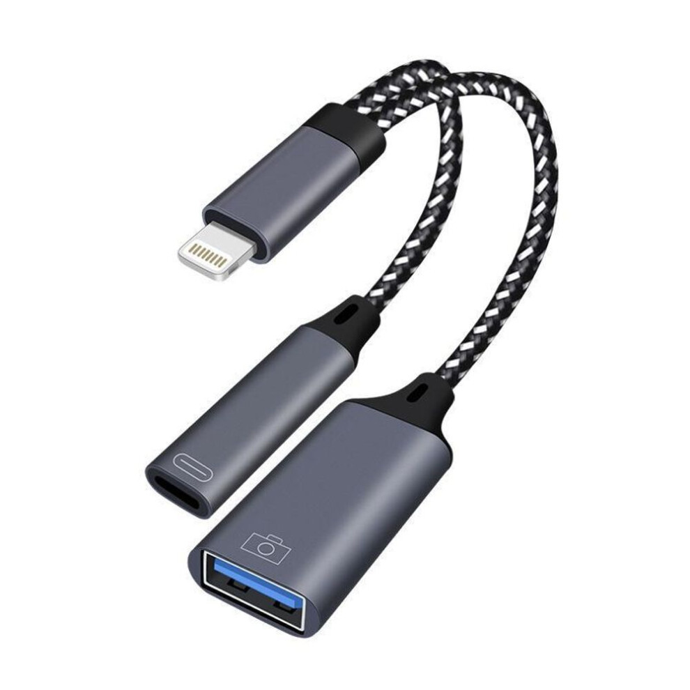 (gray, Apple interface) Multi-function Apple OTG Adapter: Dual USB 3.0, PD Fast Charging, Card Reader, USB Flash Drive