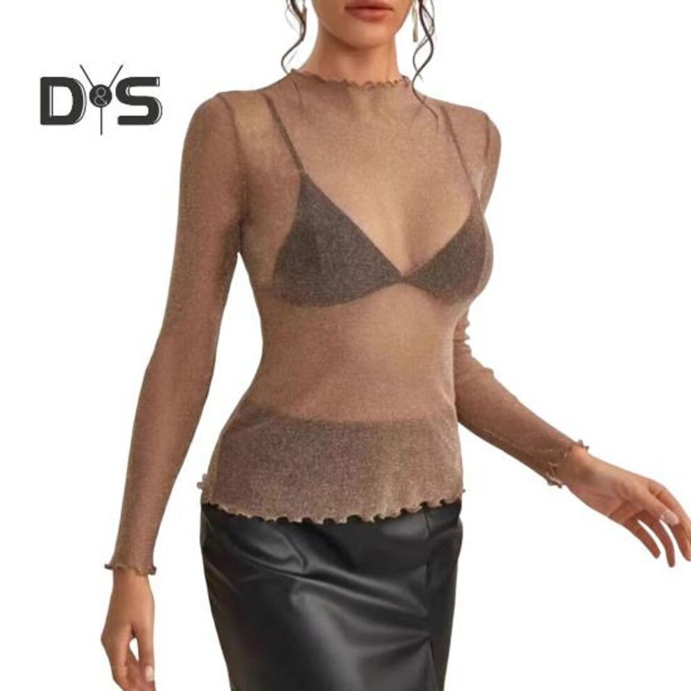 (XXL, tan) Women Tops Lace Garmented Half-High Neck Long Sleeve T-shirt Solid Color See-through Mesh Yarn Bottoming Tops