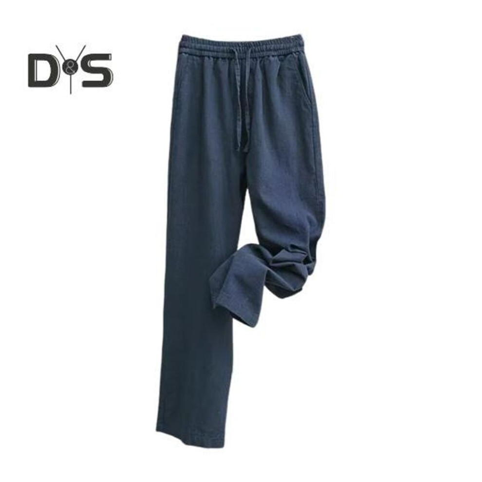 (navy blue, M) Men's Linen Trousers Casual Loose Fit Straight Pants With Drawstring Wide Leg Golf Trousers Summer Wear For Vacation Travel Work Daily Life