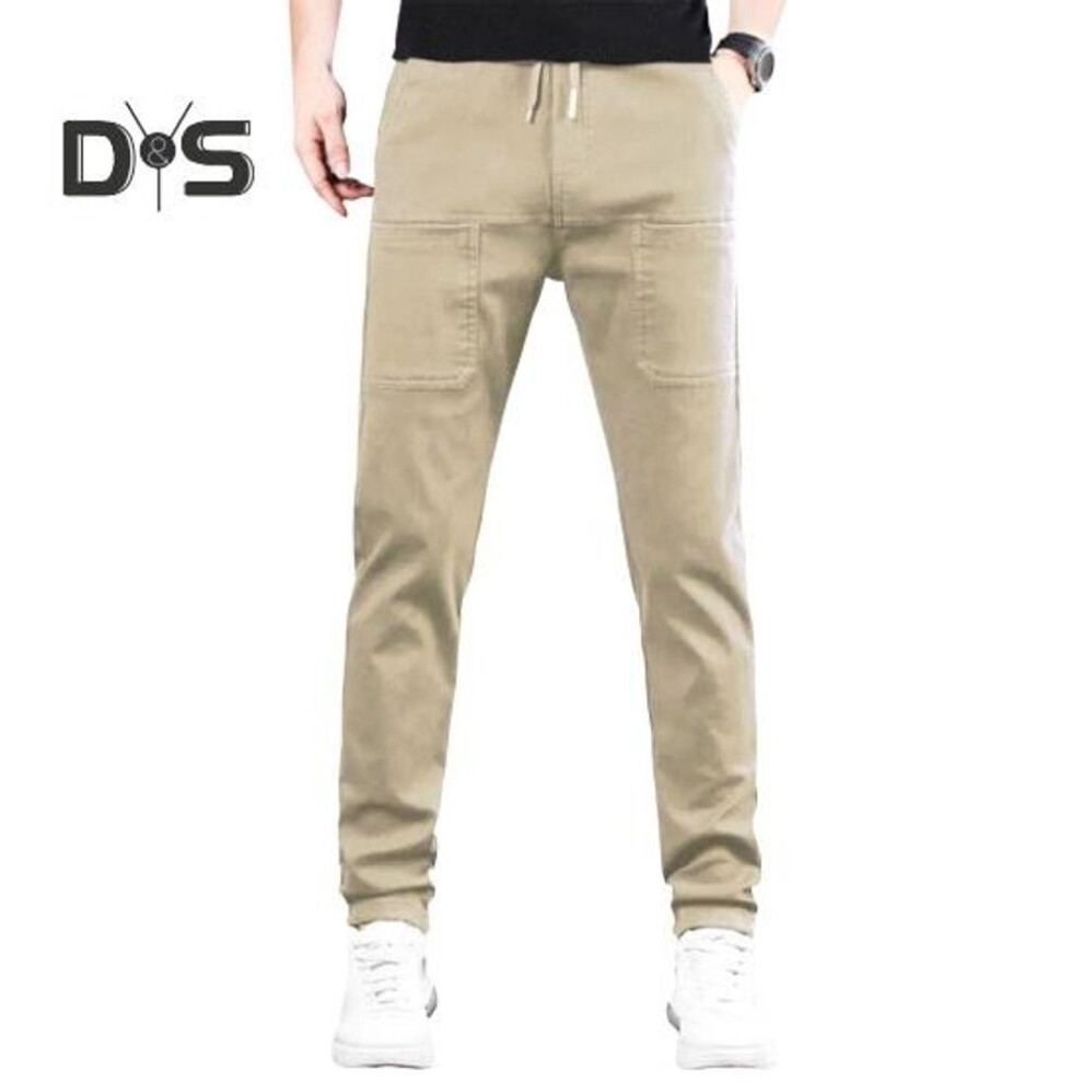 (khaki, L) Summer Spring Ice Silk Pants 6 Pockets Patchwork Plus Size Straight Trousers Solid Color Waterproof Elastic Waist Daily Pants For Work School Travel