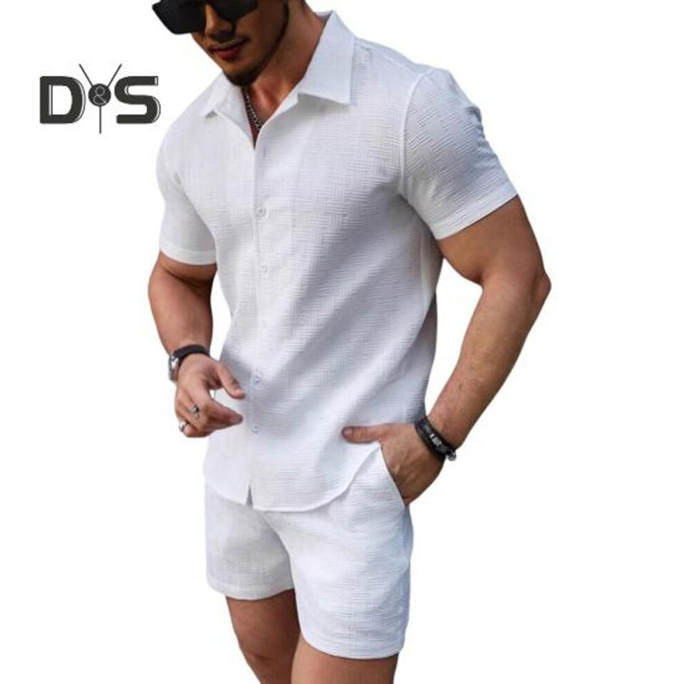 (white, S) 2pcs/set Men Outfit Lapel Short Sleeve Shirt Tops Elastic Drawstring Waist Pockets Shorts Set Solid Color Beach Outfit