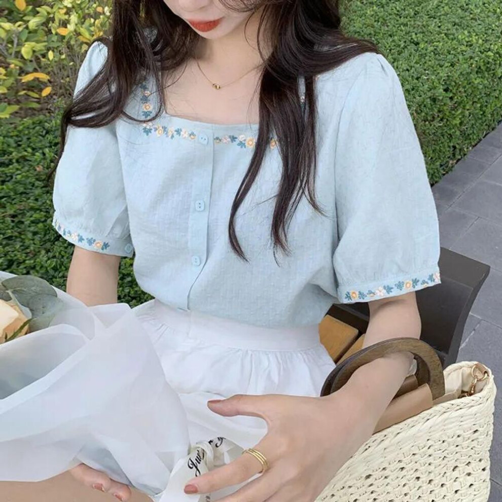 (XL, light blue) Women's Summer Square Neck Embroidered Flower Blouse Sweet Design Short Sleeve Shirt