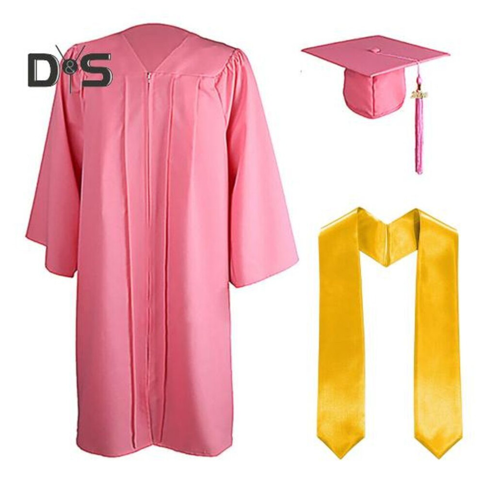 (pink, S) 3 Pcs/Set Graduation Costume Matte Graduation Cap Shoulder Stoles And Gown Set Unisex Loose Fit Gown for High School College Postgrad Graduation