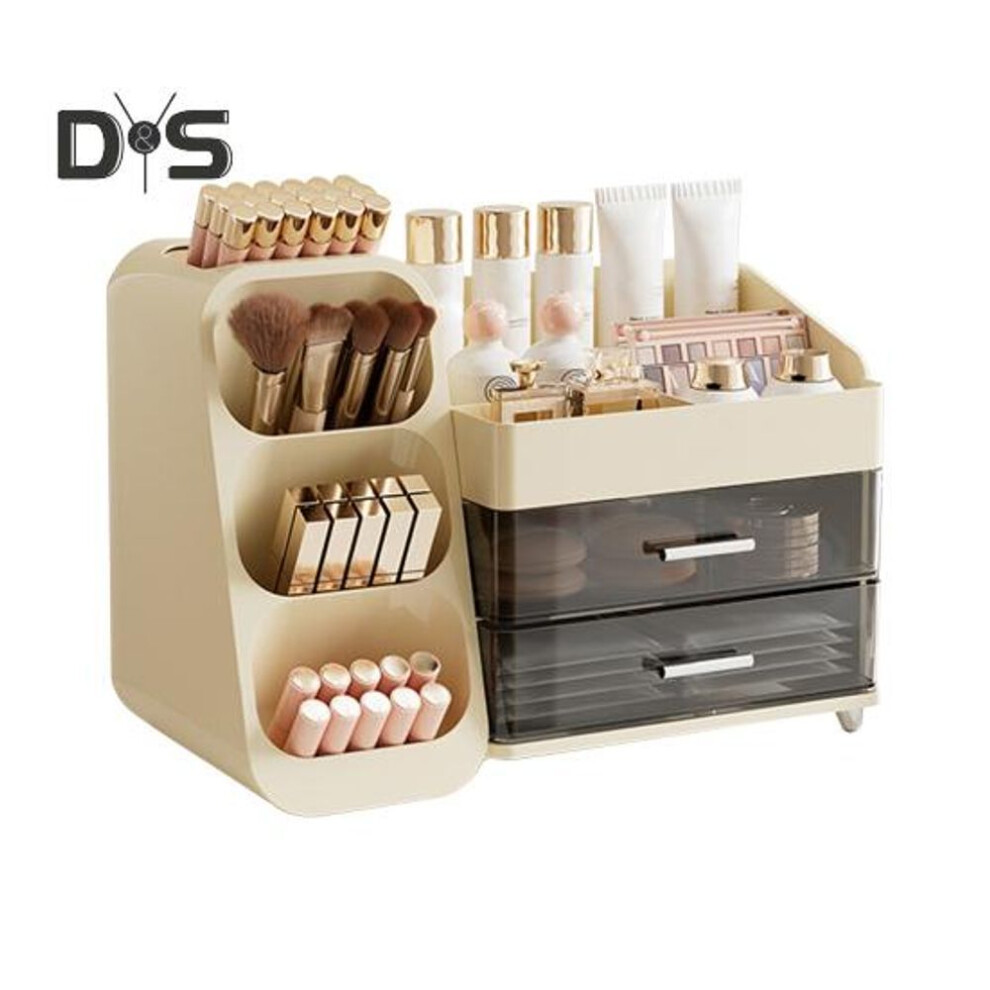 (light yellow) Storage Box Makeup Organizer with Drawers Large Capacity Non-Slip Base Easy Cleaning Spacious Cosmetic Display Case