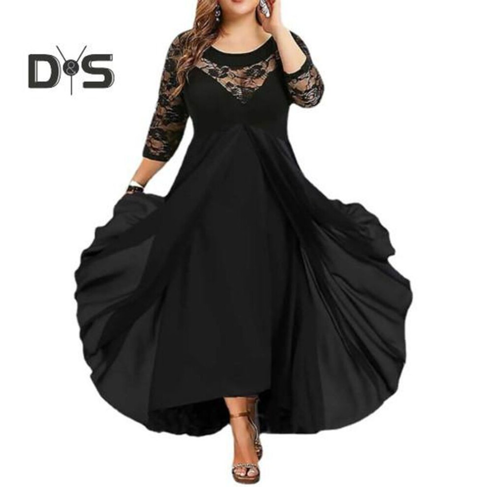 (black, 4XL) Fall Spring Women Dress See-through Hollow Out Lace Flower Embroidery Three Quarter Sleeve Double Layers Roud Neck Big Swing Plus Size High Waist