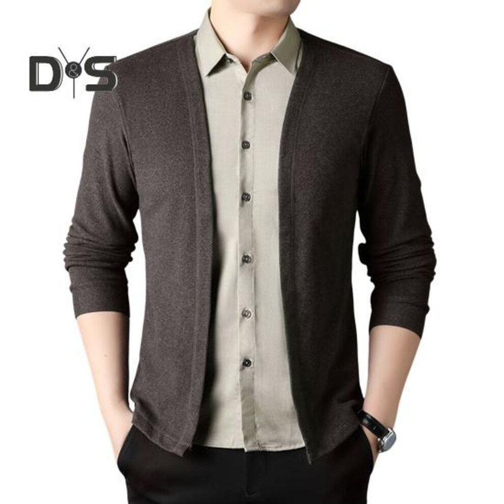 (brown, XXXL) Men Shirt Fake Two-piece Cardigan Turn-down Collar Single-breasted Long Sleeves Color Matching Knitted Formal Business Style Top
