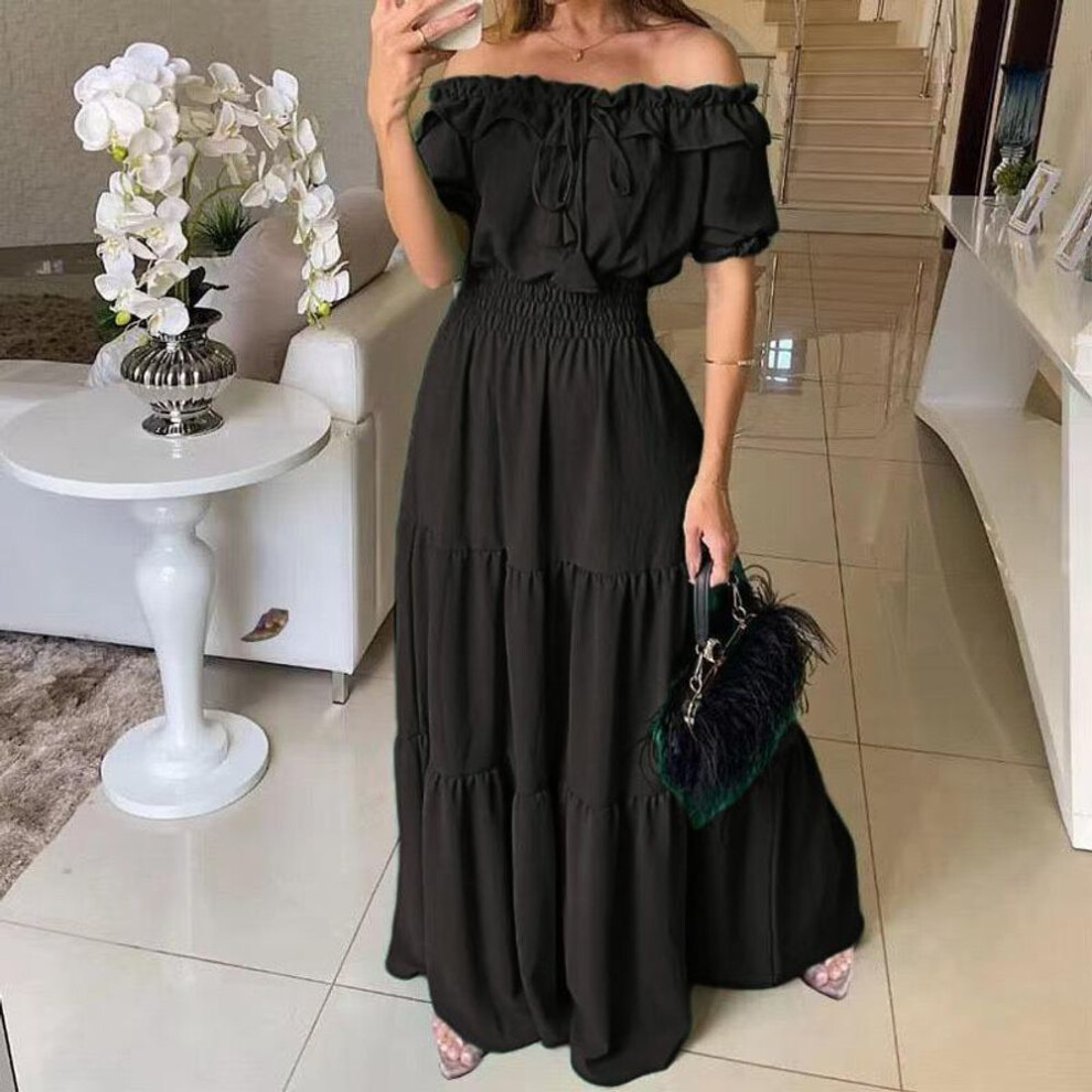 (black, L) Women's New Fashion Solid-colour Ruffled Belt Leaf Edge Bust Bubble Sleeve Big Swing Dresses