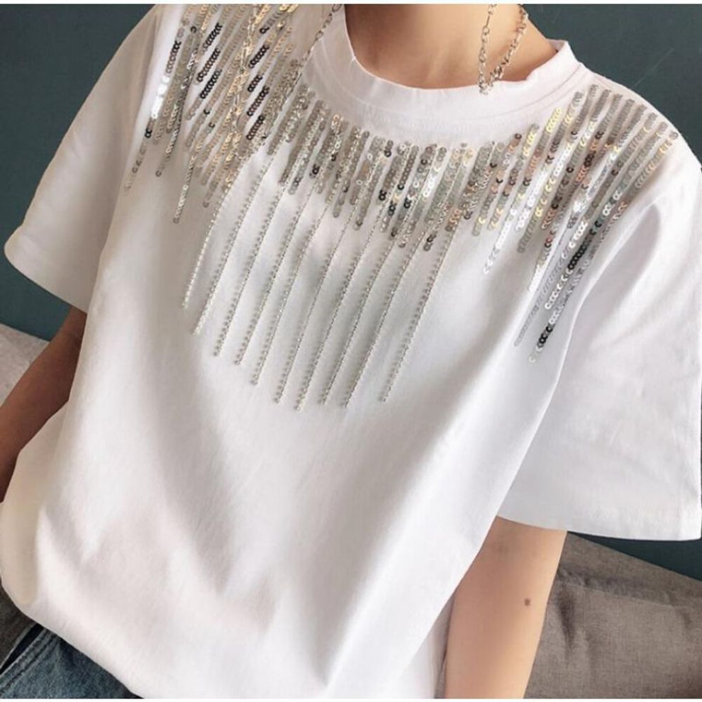 (XL, white) Ladies Heavy Industry Sequins Rhinestone Tassel T-shirt Short-sleeved Spring and Summer New Loose Net Red with The Same Half-sleeved