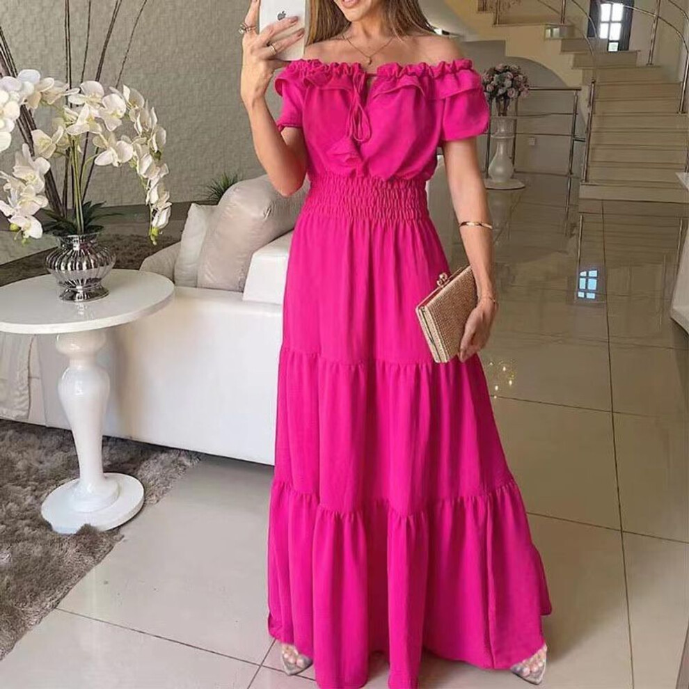 (rose red, S) Women's New Fashion Solid-colour Ruffled Belt Leaf Edge Bust Bubble Sleeve Big Swing Dresses