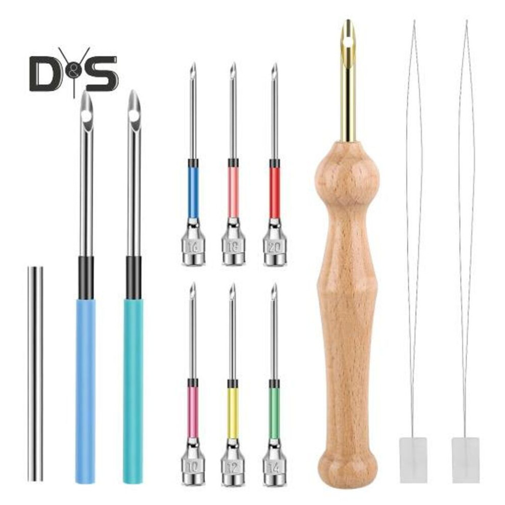 (as the picture, B) Embroidery Punch Needle Set Complete Punch Needle Set with Needle Threader Stainless Steel Needles with Wooden Handle for Adults Beginner DIY Craft