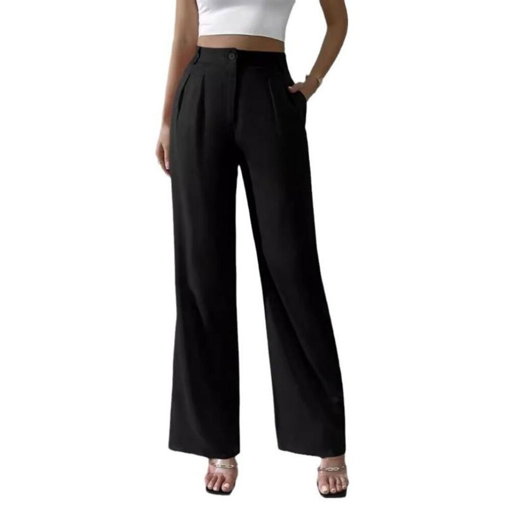 (black, XXL) Women's New Elegant Solid Colour Premium Draped Wide Leg Formal Pants Trousers Suit Pants