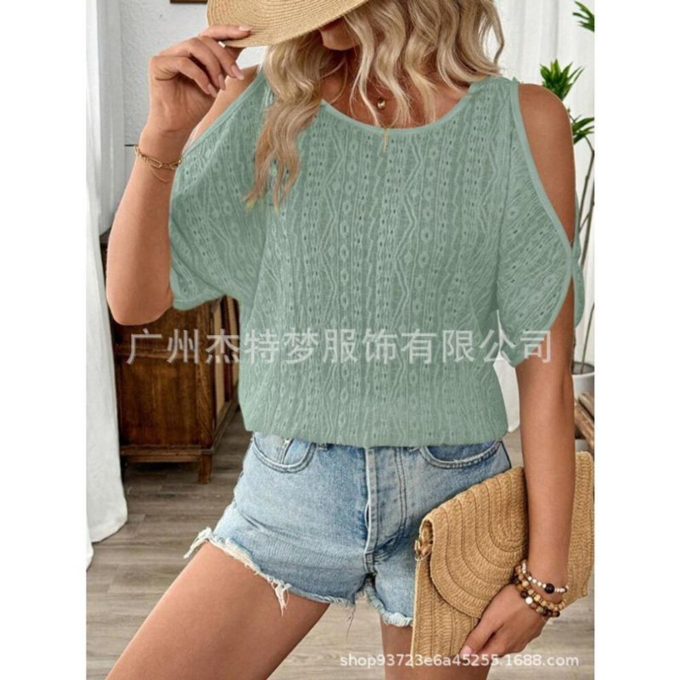 (S, green) Women's Spring and Summer New Solid Colour Strapless Hollow Bat Sleeve T-shirt