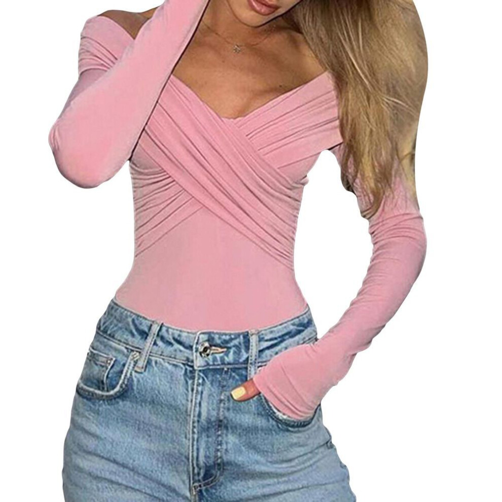 (L, pink) Women Solid Color Short T-shirts Front Cross V-neck Long Sleeve Off Shoulder Shirts Spring Fall Slim Fit Tops Streetwear