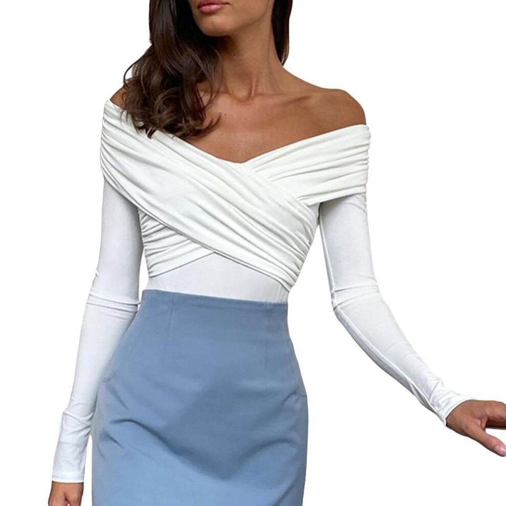(M, white) Women Solid Color Short T-shirts Front Cross V-neck Long Sleeve Off Shoulder Shirts Spring Fall Slim Fit Tops Streetwear