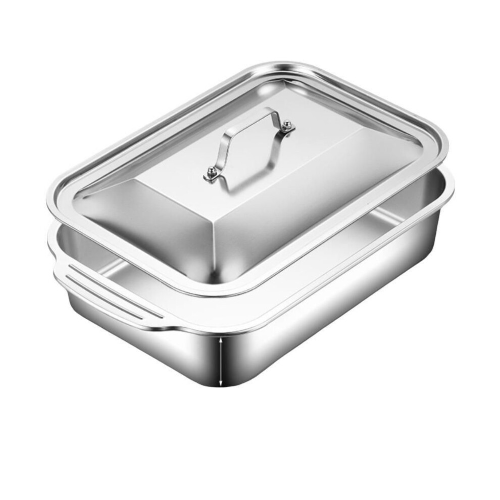 (M-Flat Buttom) With Lid Grilled Fish Pan Large Capacity Oven Bbq Plate Deepen Roaster Pan  Fried Beef Seafood