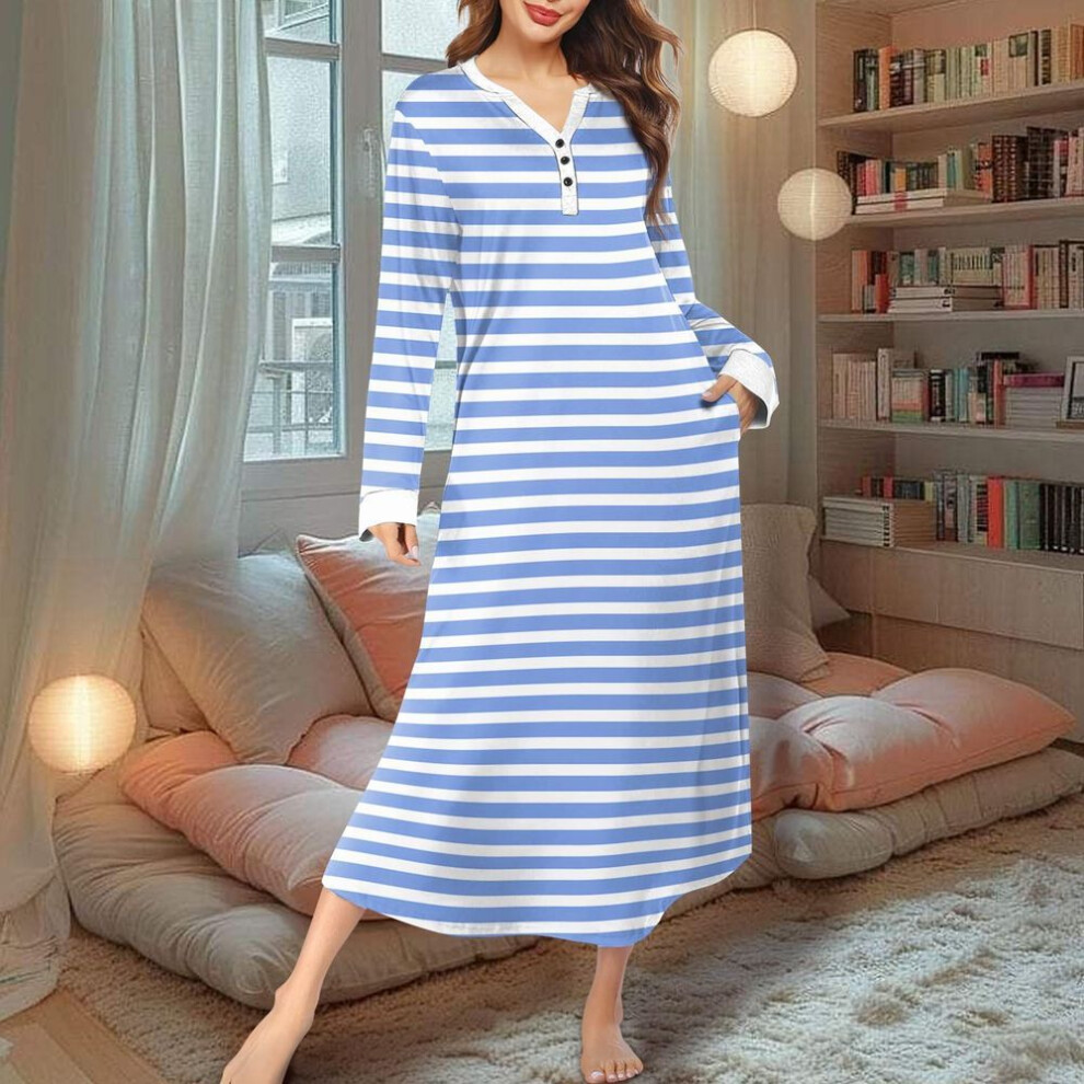 (blue, XXXXL) Women's Nightgown Fashion Printed Long Housecoat V Neck Pajamas With Pockets Dress
