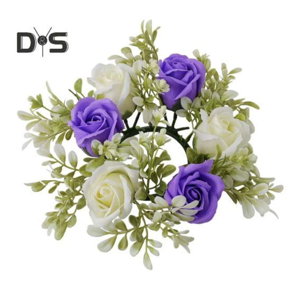 (purple) Artificial Rose Candle Ring Pillar Candles Greenery Flower Wreath Seasonal Candle Ring For Wedding Centerpiece Holiday Decor