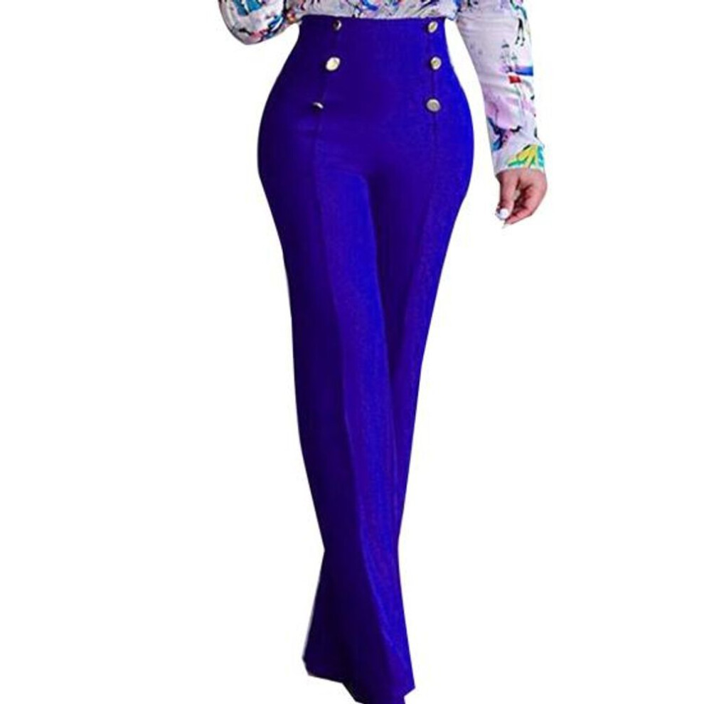 (blue, M) Women's Stretchy Bootcut Dress Pants Casual High Waist Straight Leg Business Slacks Button Front Workwear Yoga Trousers For Office Work