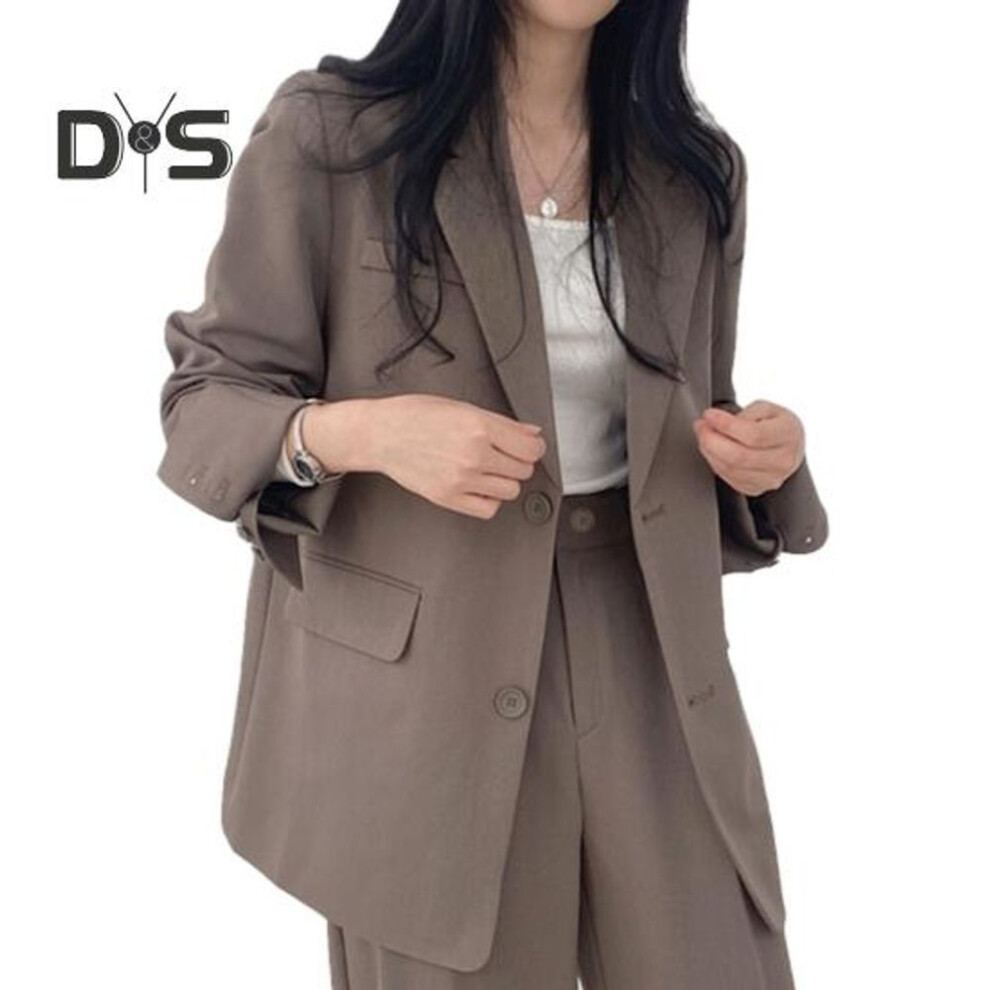 (coffee, M) Women Spring Autumn Suit Coat Lapel Long Sleeve Flap Pockets Solid Color Loose Fit Casual Blazer Workwear