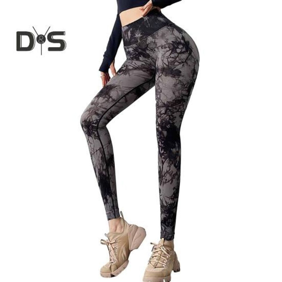 (black, XL) Seamless Tie Dye Print Gym Pants High Waist Tummy Control Yoga Tights Elastic Sports Leggings For Women Spandex