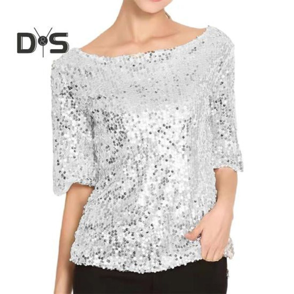 (2XL, grey) Women Sequin Top Sparkling T shirt Stylish Comfortable Mid Sleeve Blouse Streetwear for Stage Performances Daily Wear
