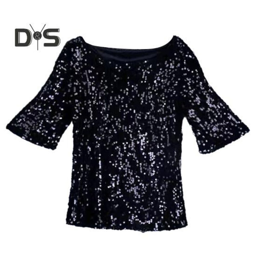 (5XL, black) Women Sequin Top Sparkling T shirt Stylish Comfortable Mid Sleeve Blouse Streetwear for Stage Performances Daily Wear