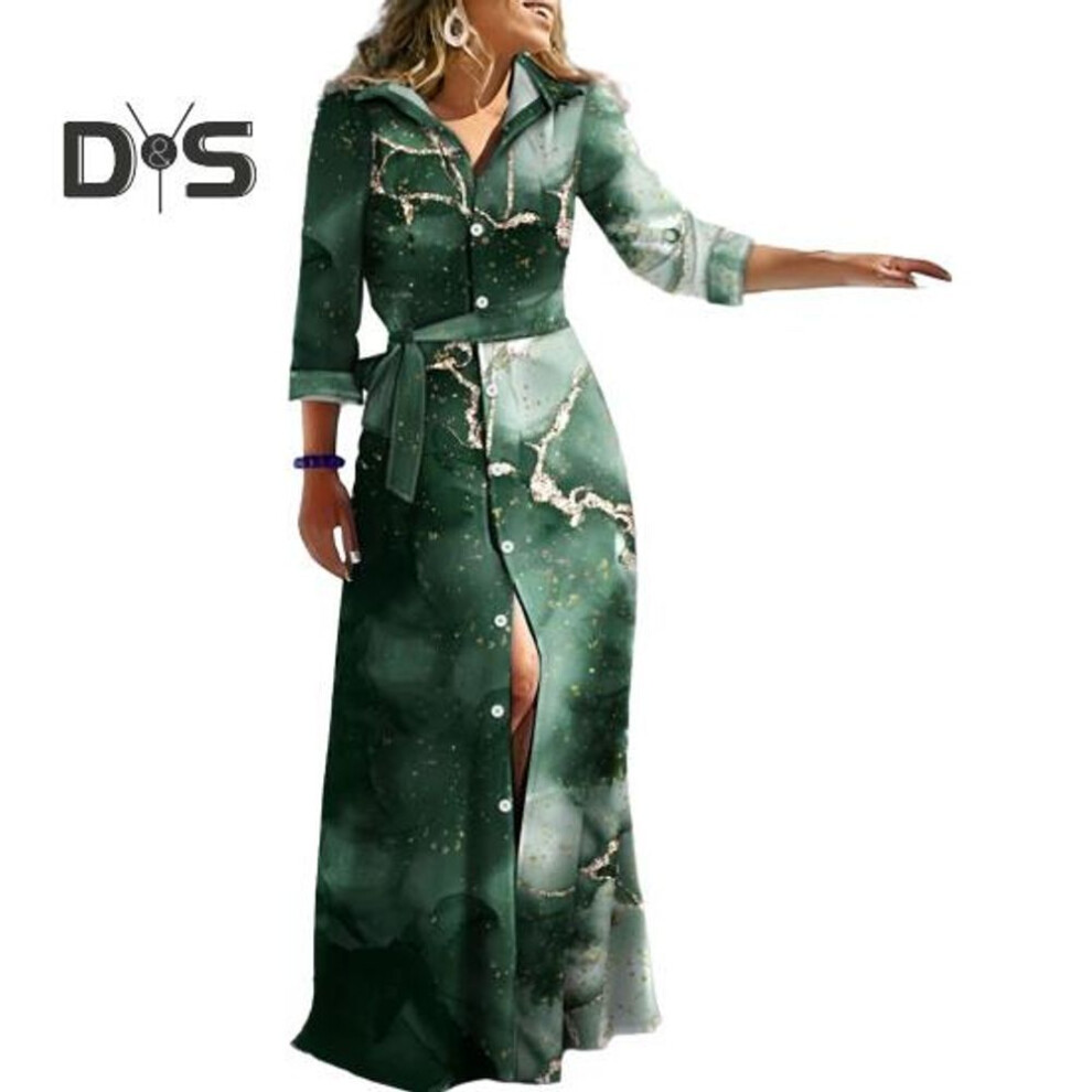 (green, S) Women Spring Fall Dress Lace Up Tight Waist Striped Print Lapel Long Sleeve Single Breasted Full Length Soft Lady Party Prom Maxi Dress