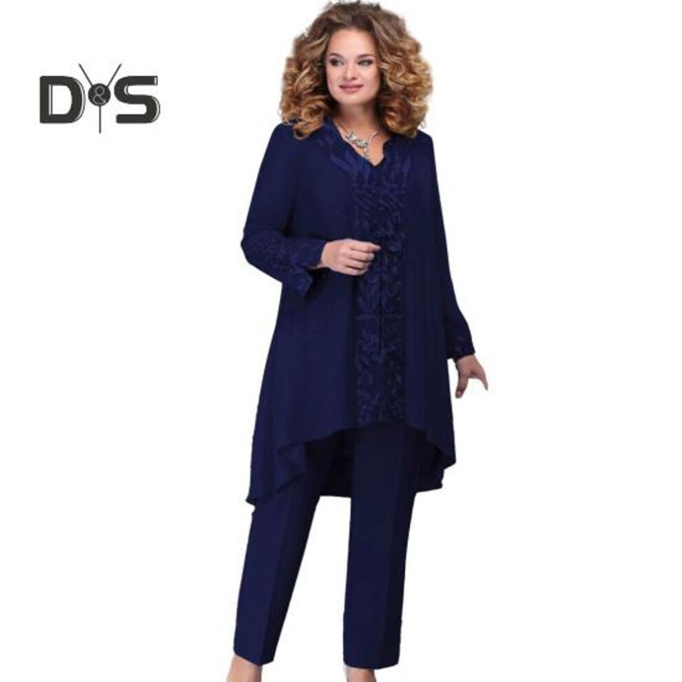 (navy blue, 5XL) 3pcs/set Women Summer Suit V Neck Fashion Embroidery Irregular Long Shirt Top Pants 3 Piece Set Plus Size Casual Loose Outfit Set Streetwear