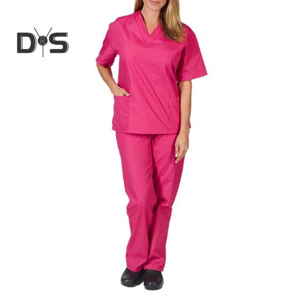 (rose red, M) Nurse Uniform Medical Suit V Neck Nursing Uniform Salon Spa Pet Grooming Institution Work Clothes Solid Color Short Sleeve Tops Pants Set