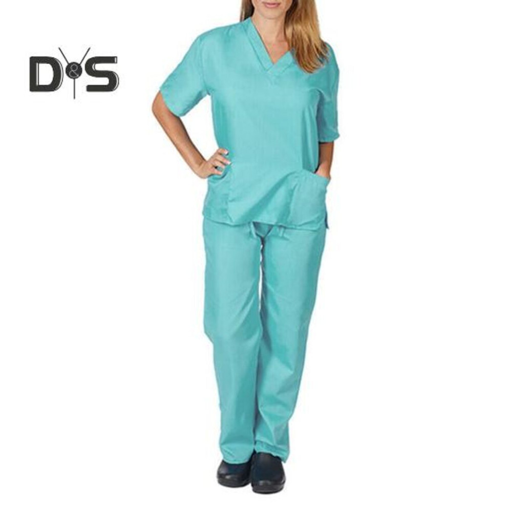 (sky blue, 2XL) Nurse Uniform Medical Suit V Neck Nursing Uniform Salon Spa Pet Grooming Institution Work Clothes Solid Color Short Sleeve Tops Pants Set
