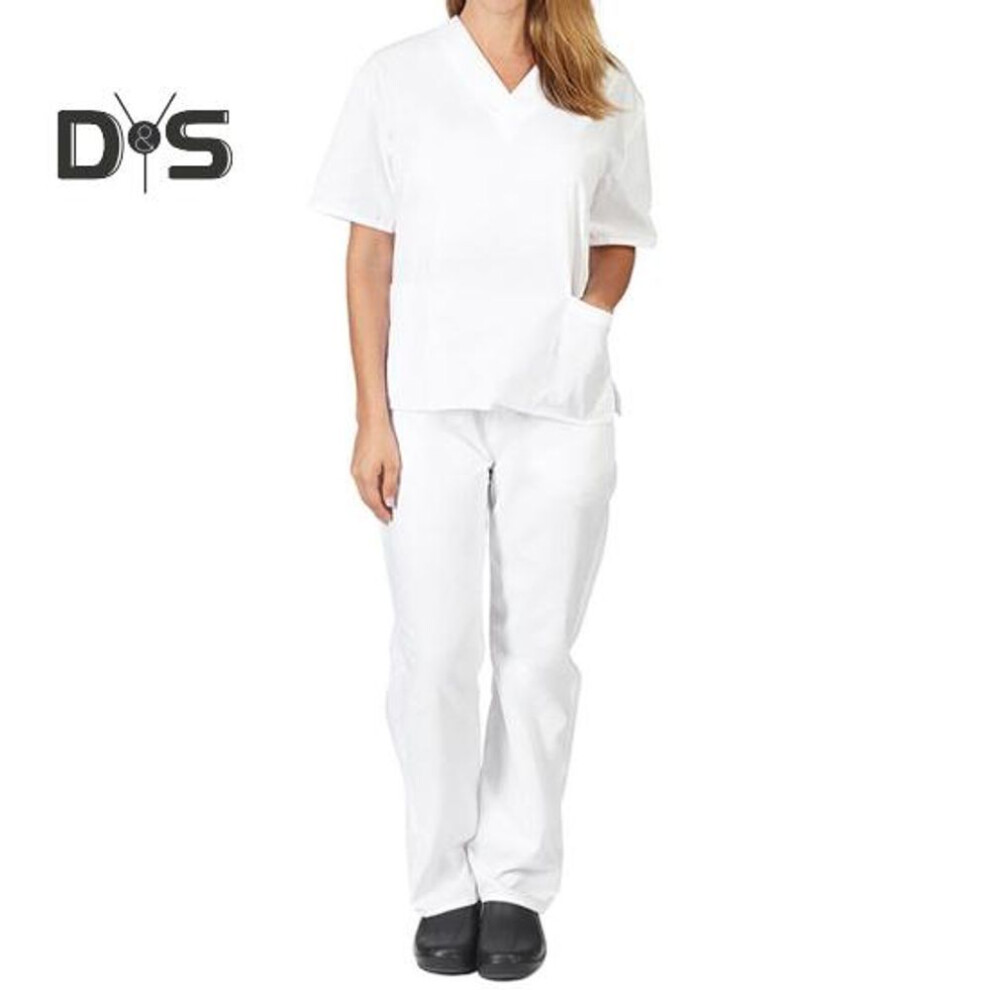 (white, M) Nurse Uniform Medical Suit V Neck Nursing Uniform Salon Spa Pet Grooming Institution Work Clothes Solid Color Short Sleeve Tops Pants Set
