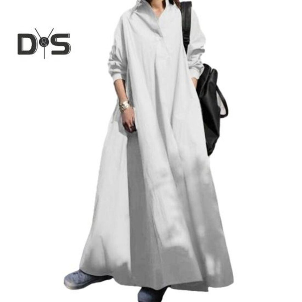 (white, 2XL) Women Spring Autumn V Neck Long Sleeve Shirt Dress Single Breasted Solid Color Loose Sundress Casual Long Dress Streetwear