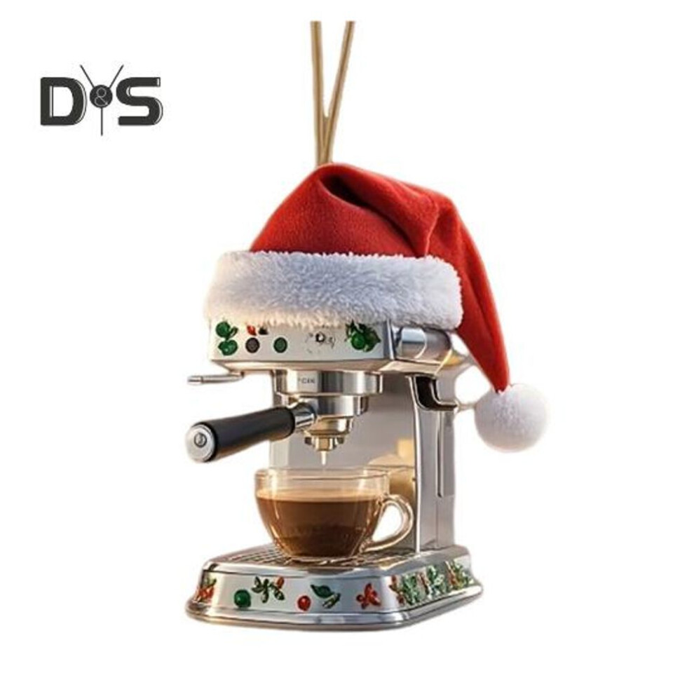 Coffee Machine Christmas Ornament Acrylic Santa Hat Mini Coffee Machine Pendant Keepsake Holiday Car Backpack Charm Gift for Coffee Lovers