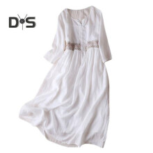 (white, M) Summer Retro Ethnic Style Embroidery Print Midi Dress O neck Long Sleeve Buttons Half Placket A Line Mid calf Length Casual Dress