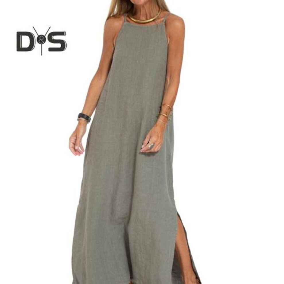 (green, 3XL) Lady Maxi Dress A line Solid Color Shoulderless Ankle Length Vest Type Sleeveless Loose Soft Casual Round Neck Side Split Lady Summer Long Dress