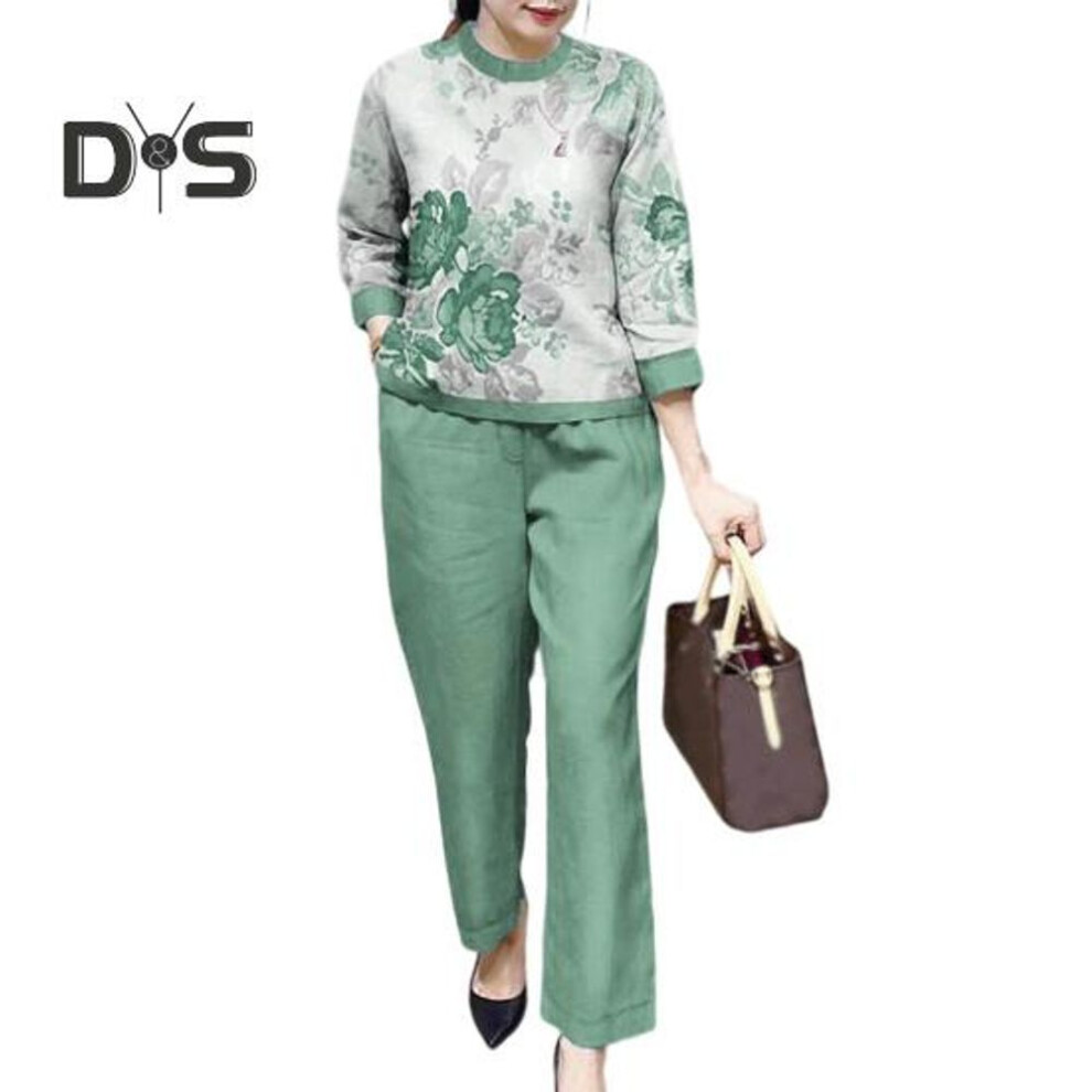 (green, 3XL) 2 Pcs/Set Women T shirt Pants Set Flower Print Three Quarter Sleeves Round Neck Loose Pockets Wide Legs Fall Spring Top Trousers Suit Female Clothes
