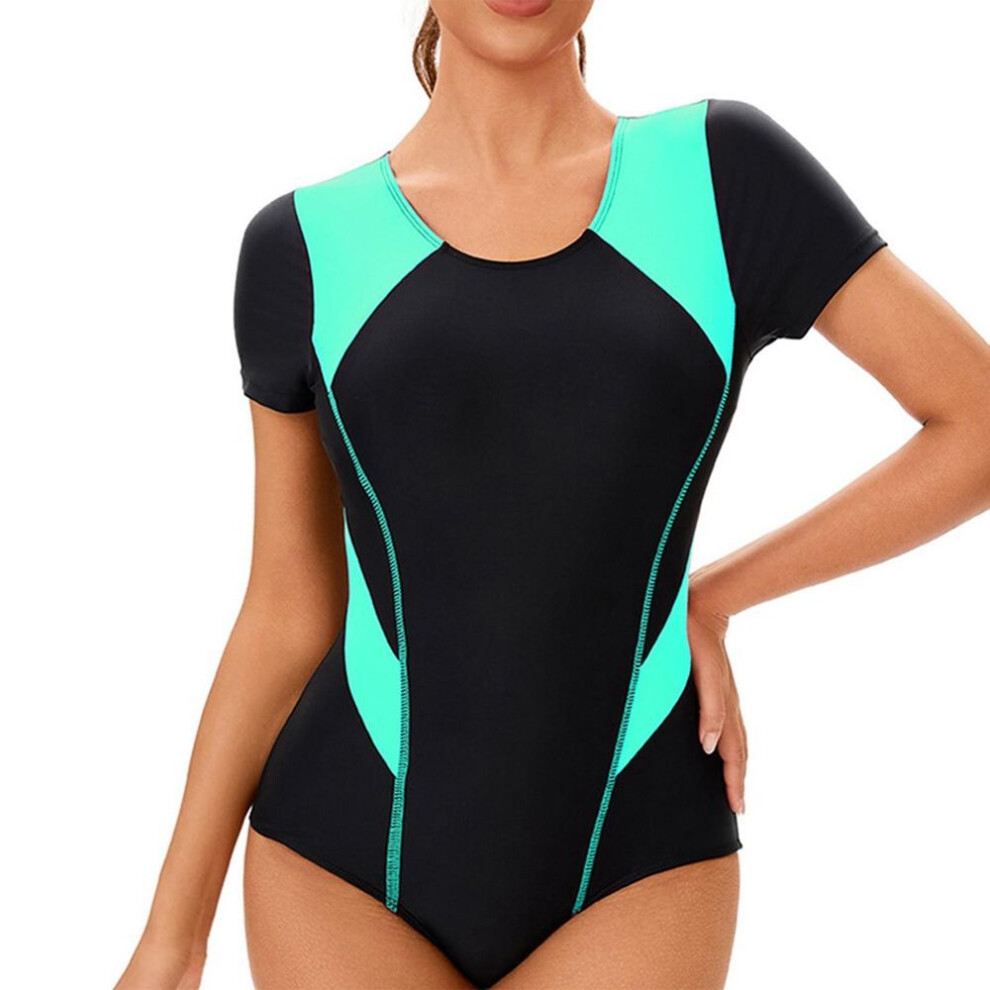 (L, cyan) Women's Sleeveless Conservative One-piece Sexy Backless Color Matching Wetsuit With Breast Pad Swimsuit