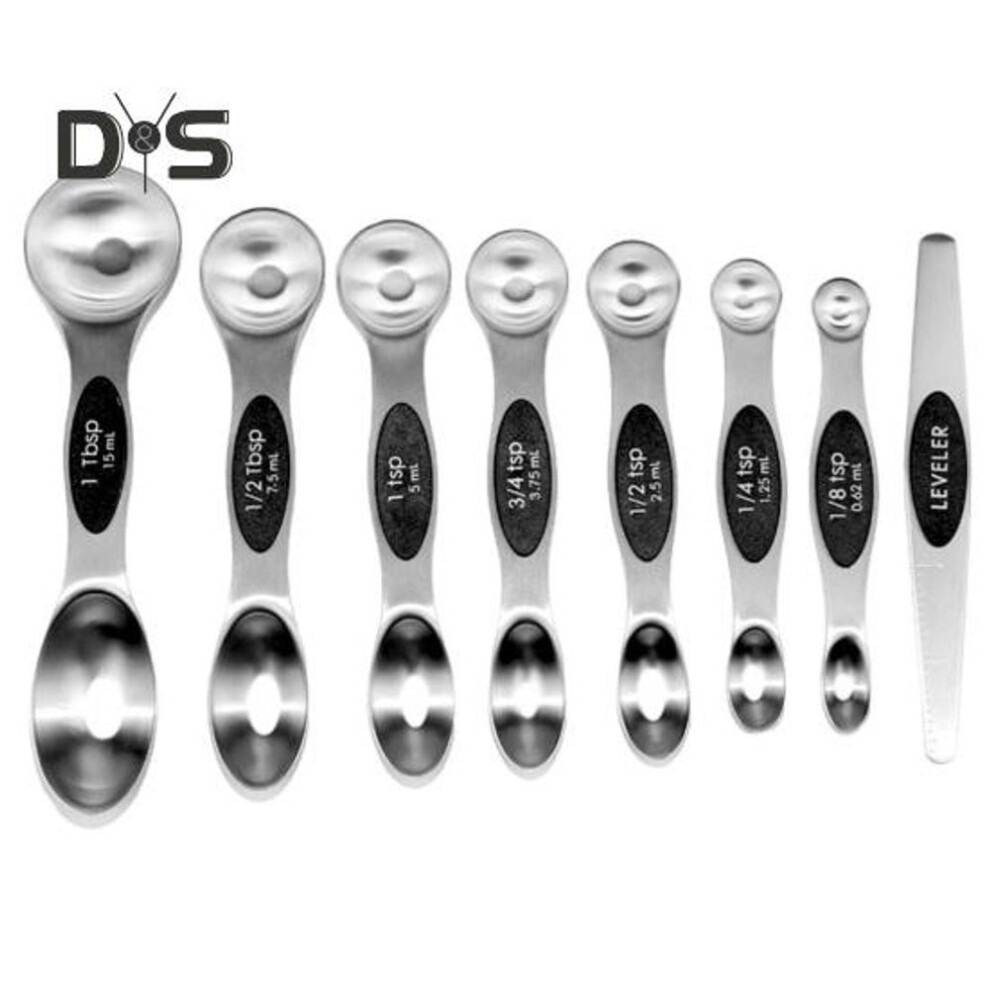(black, 8pcs) 5/6/7/8Pcs Magnetic Measuring Spoons Set Stainless Steel Double-head Tablespoon Teaspoon for Kitchen Restaurant Bakery