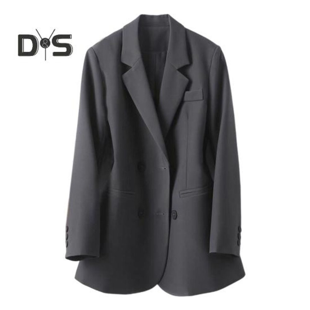 (grey, 2XL) Women Suit Coat Lapel Long Sleeve Double Breasted Suit Jacket with Pockets Solid Color Loose Fit Office Lady Coat Workwear