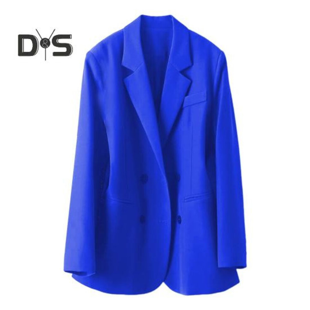 (royal blue, 2XL) Women Suit Coat Lapel Long Sleeve Double Breasted Suit Jacket with Pockets Solid Color Loose Fit Office Lady Coat Workwear