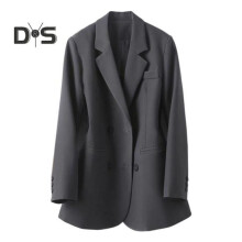 (grey, M) Women Suit Coat Lapel Long Sleeve Double Breasted Suit Jacket with Pockets Solid Color Loose Fit Office Lady Coat Workwear