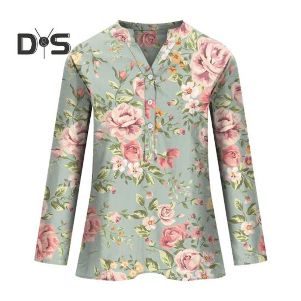 (2XL, green) Women Shirt Stand Collar V-Neck Buttons Half Placket Long Sleeve Pullover Tops Flower Print Loose Fit Blouse