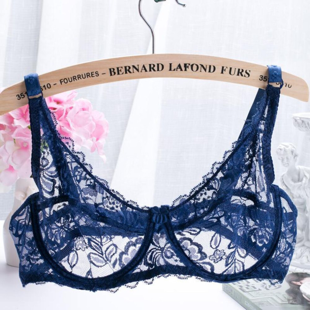 (blue, 38BC) Women  Plus Size No Padded Bra Fashion Ultra Thin Bra Transparent Sexy Single Layer Lace Women Lingerie