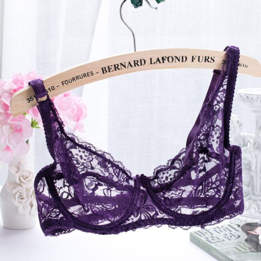 (purple, 40BC) Women  Plus Size No Padded Bra Fashion Ultra Thin Bra Transparent Sexy Single Layer Lace Women Lingerie