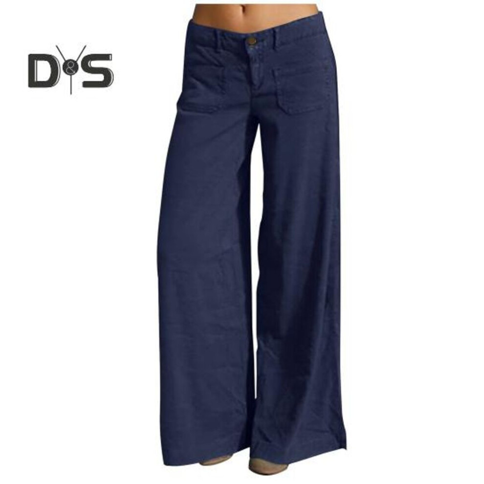 (dark blue, M) Women Pants High Waist Wide Leg Loose Zipper Button Closure Full Length Solid Color Pockets Soft Flared Hem Lady Long Trousers