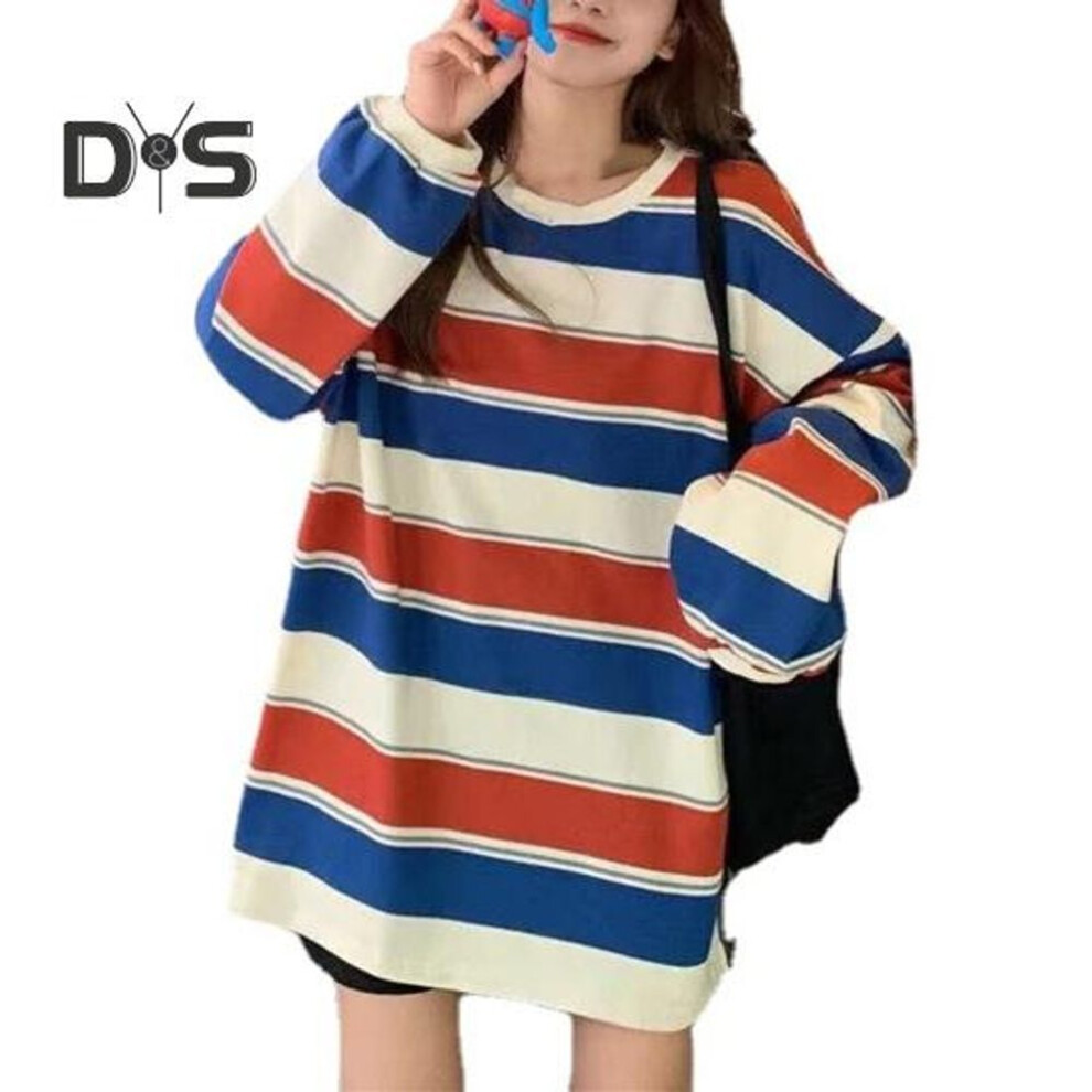 (2XL, red) Striped Thin Pullover Sweatshirt Soft Stretchy And Stylish Loose Fit Women's Top for Maximum Comfort