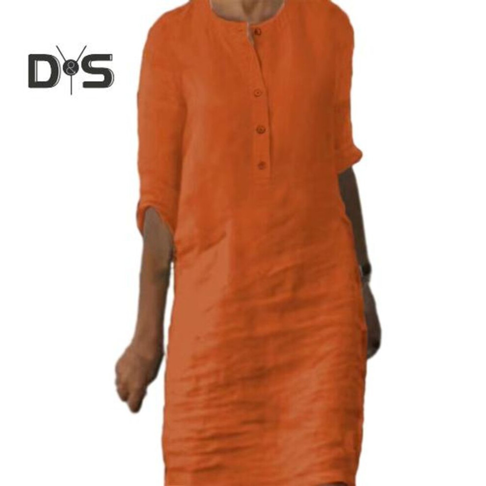 (orange, XL) Women Summer Dress Round Neck Three Quarter Sleeves Knee Length Solid Color Buttons Loose Pullover Soft Casual Breathable Lady Fall Spring Midi Dress