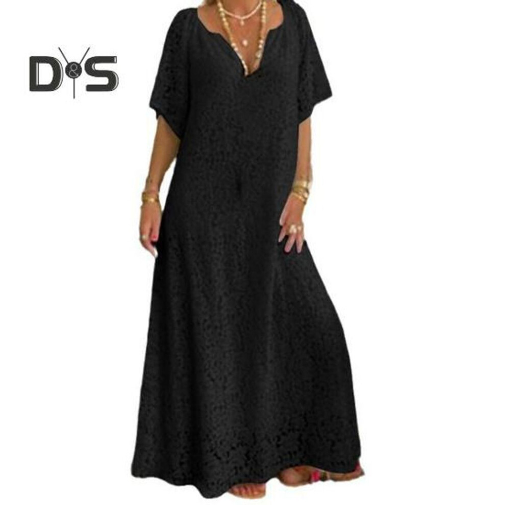 (black, 2XL) Stunning Summer Lace Dress Elegant Comfortable Eye Catching V Neck Mid Waist Ladies Dress Summer Accessories