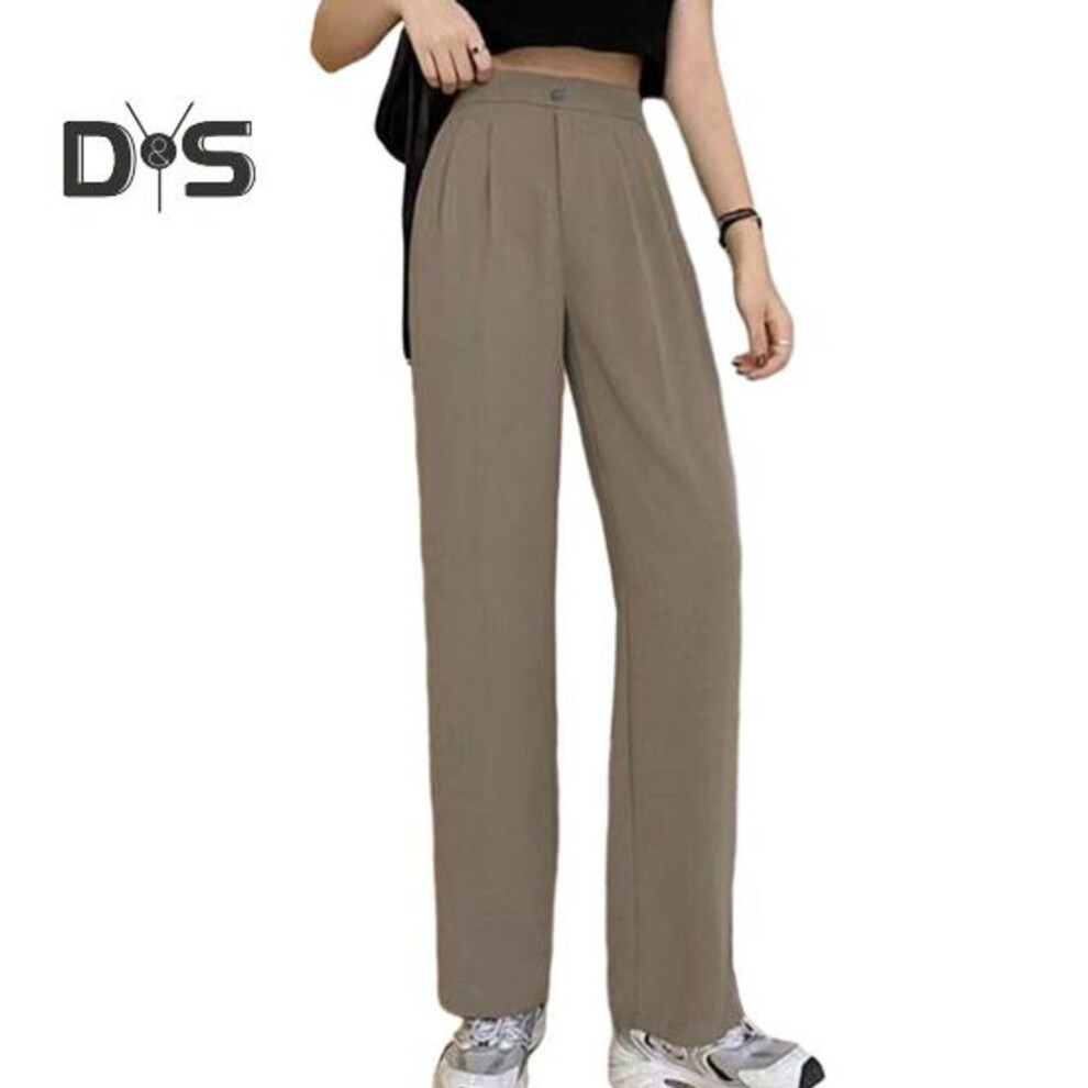 (khaki, S) Spring Summer Women High Waist Suit Pants Solid Color Button Fly Pocket Thin Style Straight Wide Leg Long Trousers Streetwear